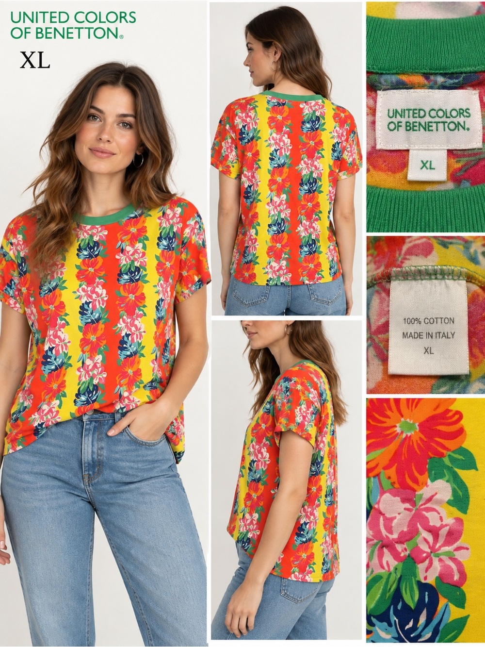 United Colors Of Benetton Yellow & Red Floral Stripe Short Sleeve Vintage 80’s